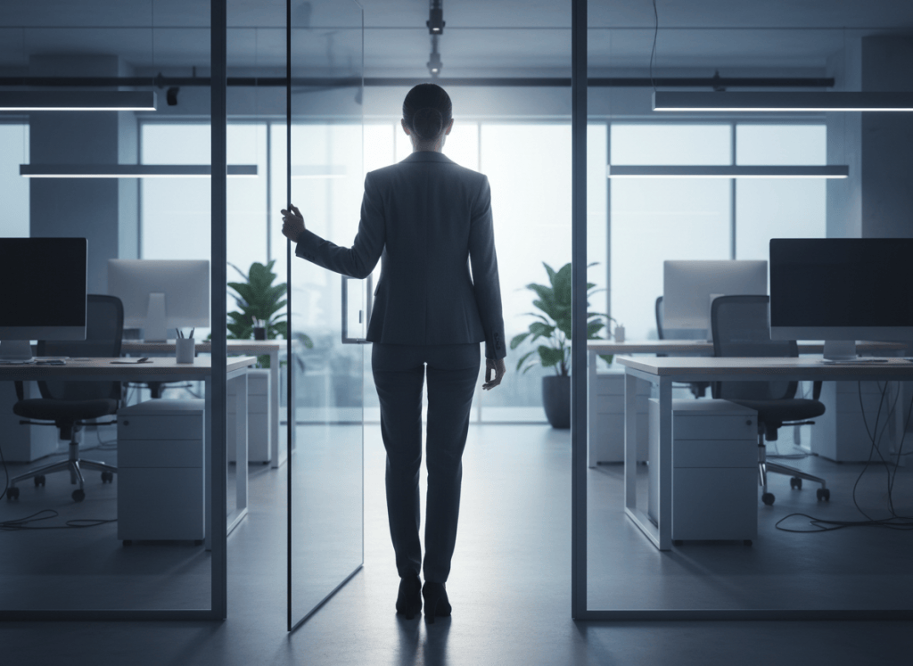 A conceptual editorial photo representing imposter syndrome at work — a confident-looking professional woman standing in an office doorway, slight sense of hesitation in her posture, soft blue-grey office lighting, modern minimal workspace in the background, thoughtful and relatable mood, no clear face shown