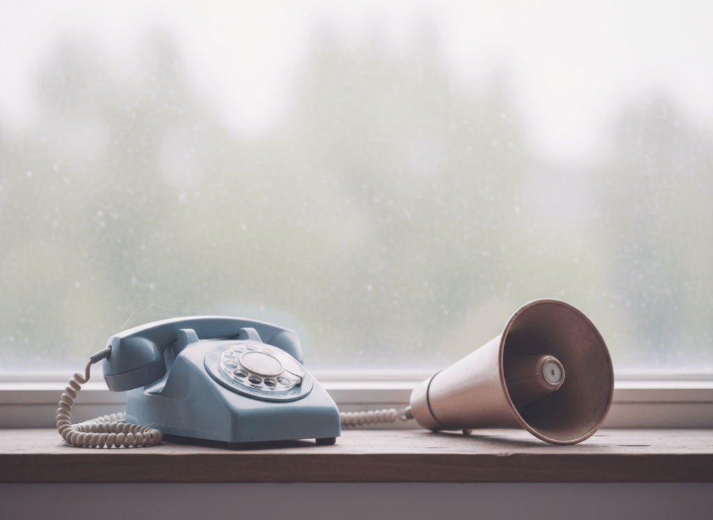 A conceptual photo about feeling unheard ā an empty vintage rotary telephone or megaphone resting on a windowsill, soft overcast daylight, muted pastel tones, quiet and slightly wistful but warm mood, minimal composition