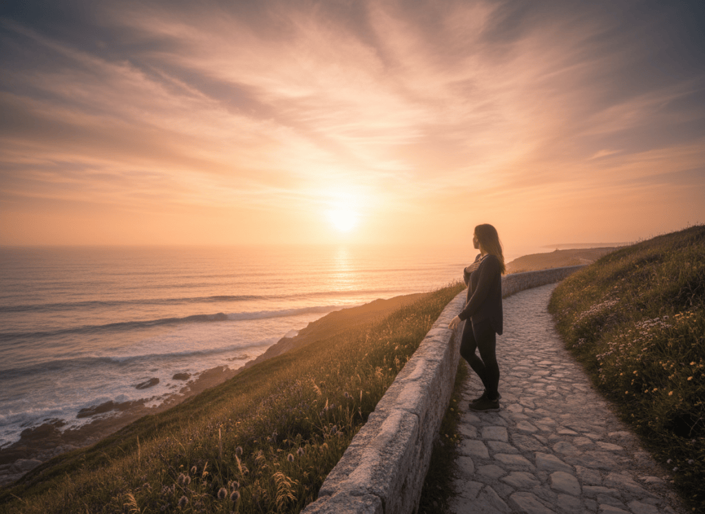 A reflective, artistic photo symbolising self-discovery — a woman standing alone on a coastal path looking out toward the horizon at golden hour, sense of searching and quiet hope, warm sunset tones, wide open sky, contemplative mood