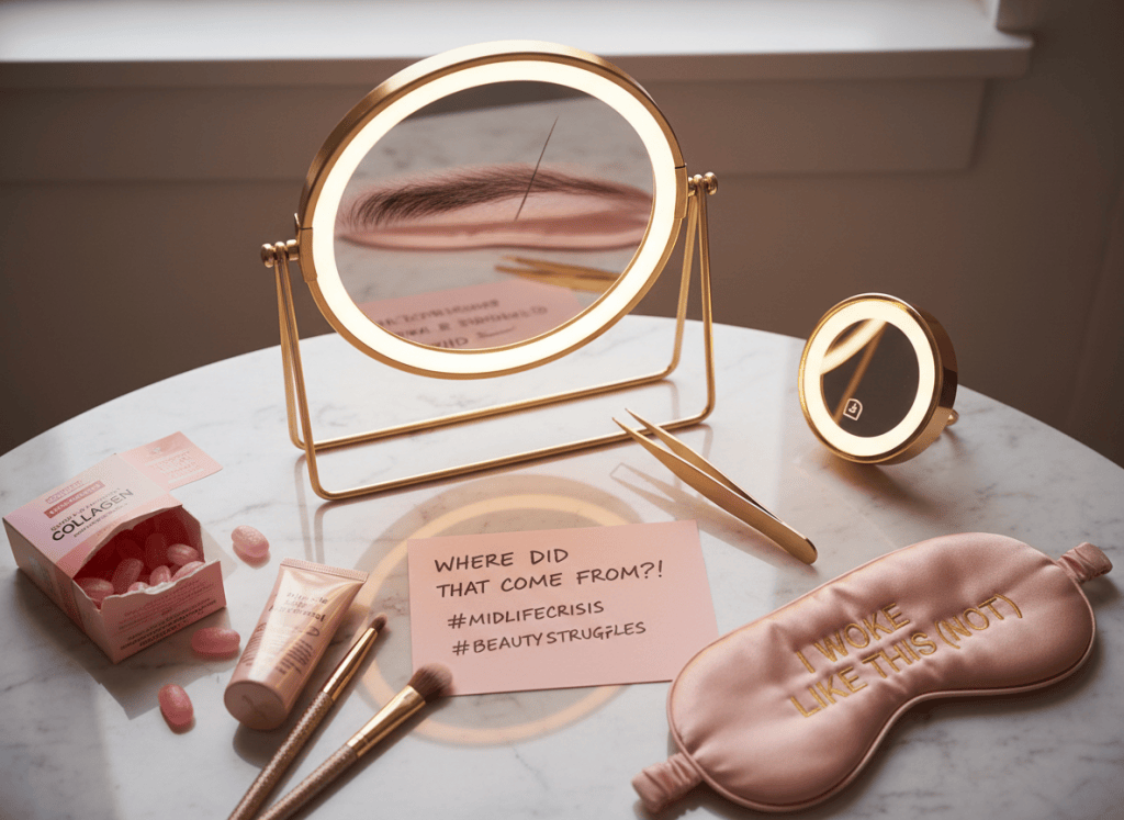 A tasteful, humorous lifestyle flat-lay for a midlife blog about ageing and beauty routines — a magnifying mirror, tweezers, and a small vanity light on a dressing table, soft pink and gold tones, playful and self-deprecating mood, no faces shown