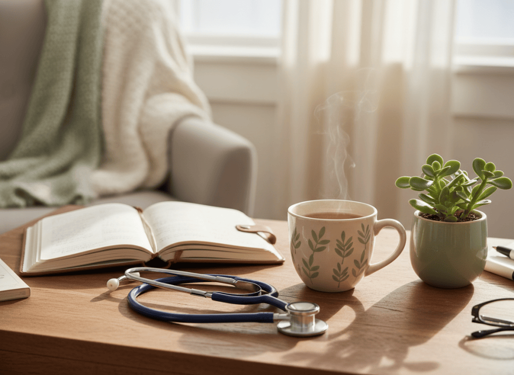 A warm welcoming lifestyle photo for a nurse-run midlife and menopause wellness blog — a stethoscope resting beside a journal, a cup of tea, and a small potted plant on a cozy wooden desk, soft natural light, warm cream and sage tones, inviting and professional yet personal mood